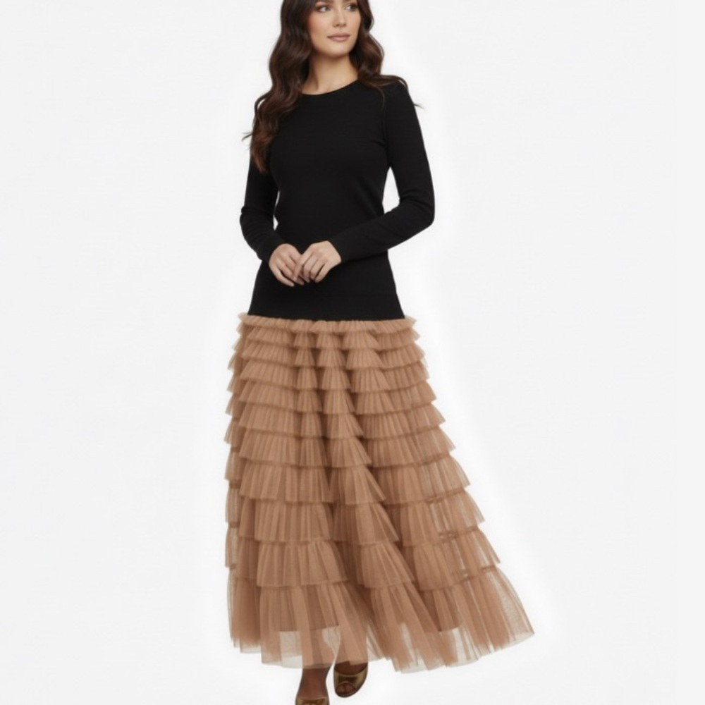 Elegant Tan Tiered Maxi Skirt
